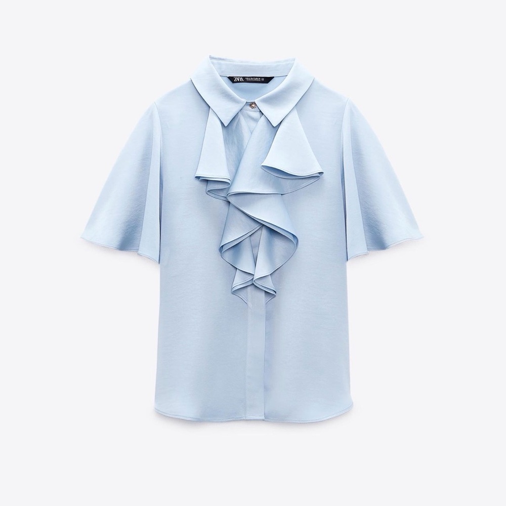 Zara Sky Blue Ruffle Front Top